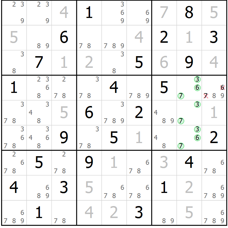 Position des candidats pour la solution de la Gr 58 page 61 du magazine de sudoku Virtuose n° 105