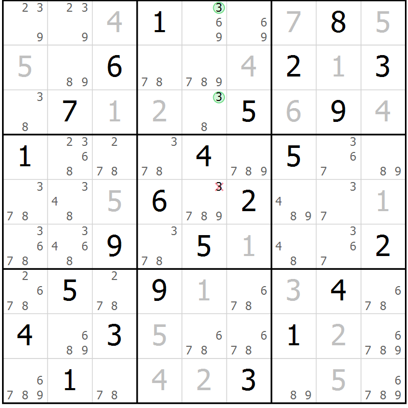 Position des candidats pour la solution de la Gr 58 page 61 du magazine de sudoku Virtuose n° 105