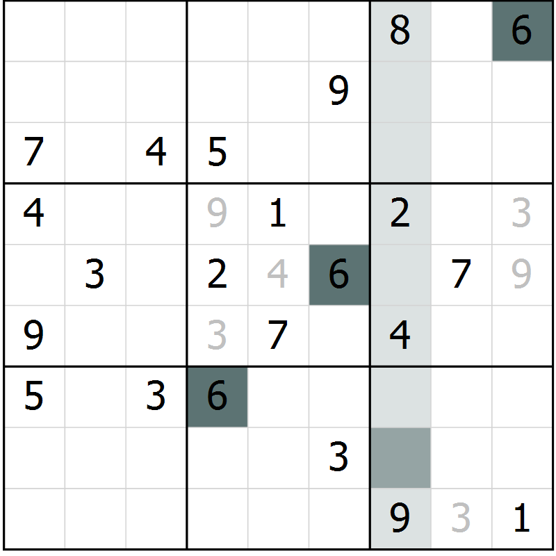 Position des candidats pour la solution de la Gr 6 page 9 du magazine de sudoku Virtuose n° 105