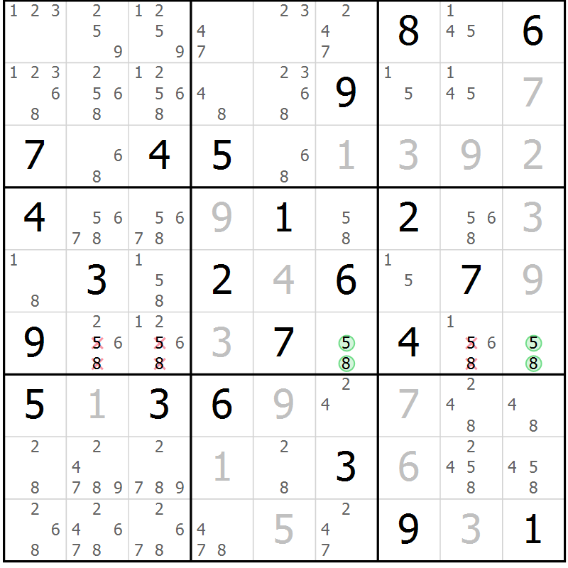 Position des candidats pour la solution de la Gr 6 page 9 du magazine de sudoku Virtuose n° 105