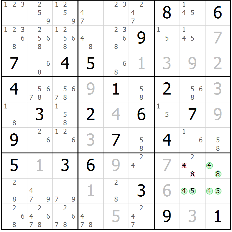 Position des candidats pour la solution de la Gr 6 page 9 du magazine de sudoku Virtuose n° 105
