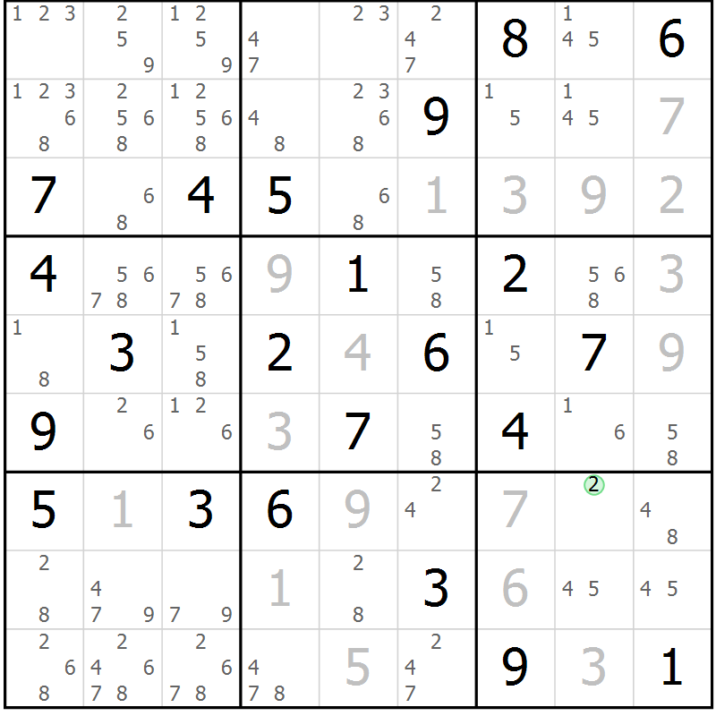 Position des candidats pour la solution de la Gr 6 page 9 du magazine de sudoku Virtuose n° 105