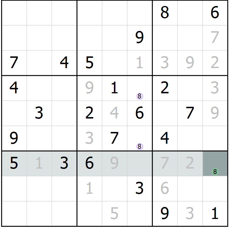 Position des candidats pour la solution de la Gr 6 page 9 du magazine de sudoku Virtuose n° 105