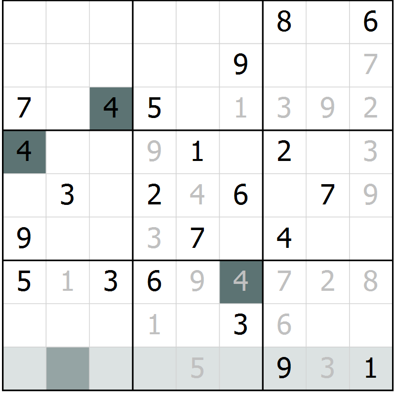 Position des candidats pour la solution de la Gr 6 page 9 du magazine de sudoku Virtuose n° 105