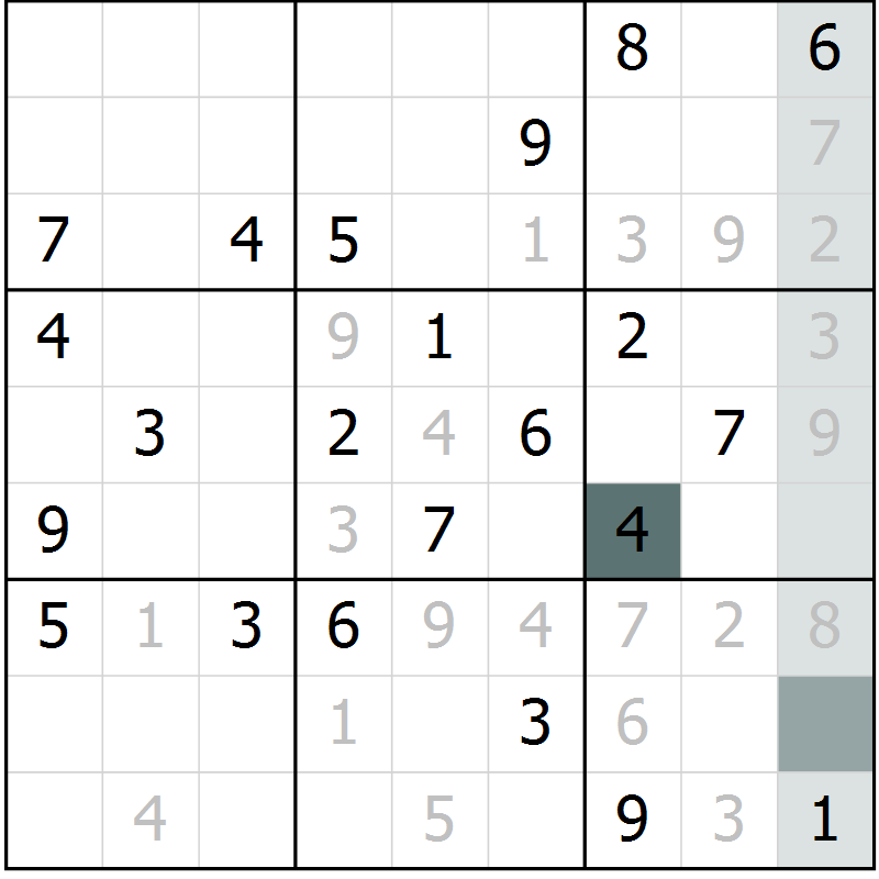 Position des candidats pour la solution de la Gr 6 page 9 du magazine de sudoku Virtuose n° 105
