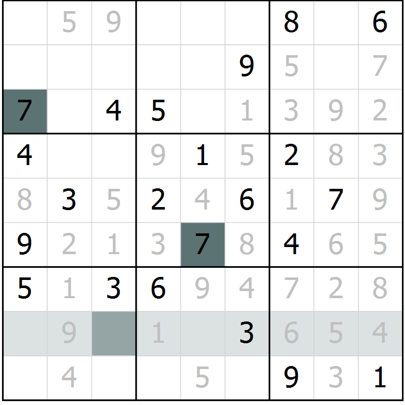 Position des candidats pour la solution de la Gr 6 page 9 du magazine de sudoku Virtuose n° 105