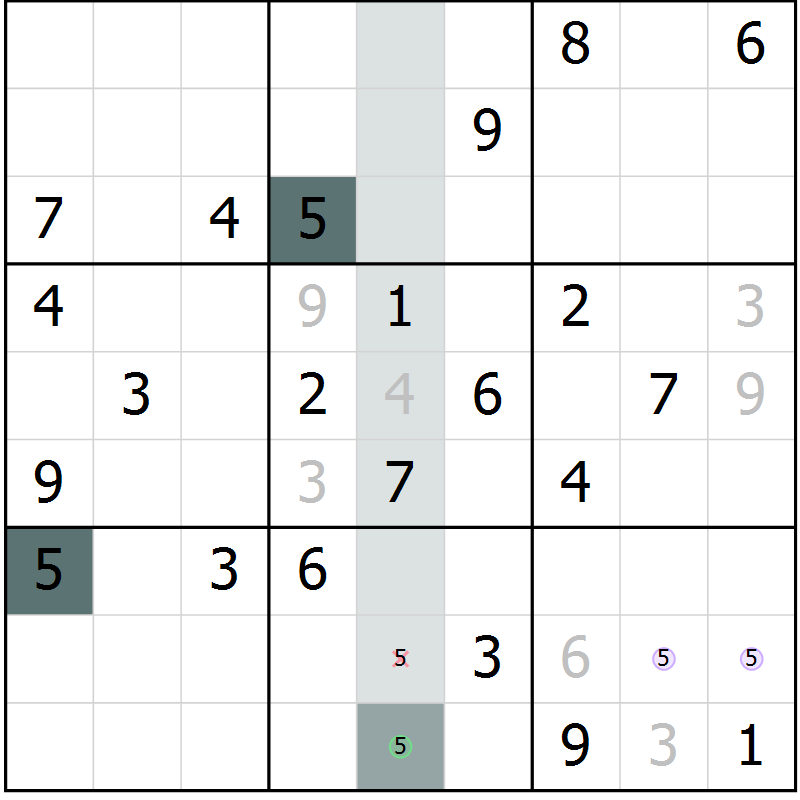Position des candidats pour la solution de la Gr 6 page 9 du magazine de sudoku Virtuose n° 105