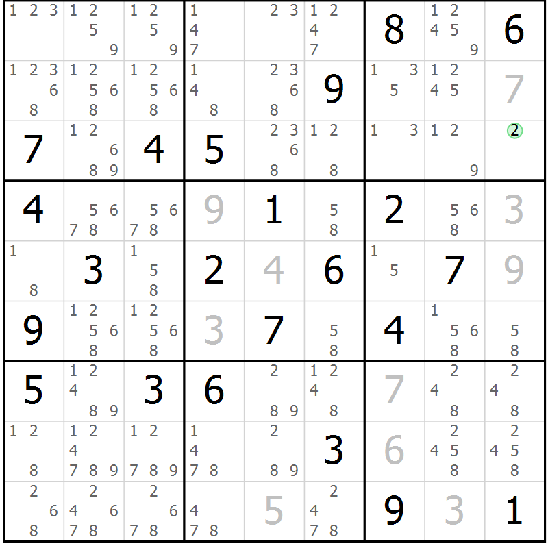 Position des candidats pour la solution de la Gr 6 page 9 du magazine de sudoku Virtuose n° 105