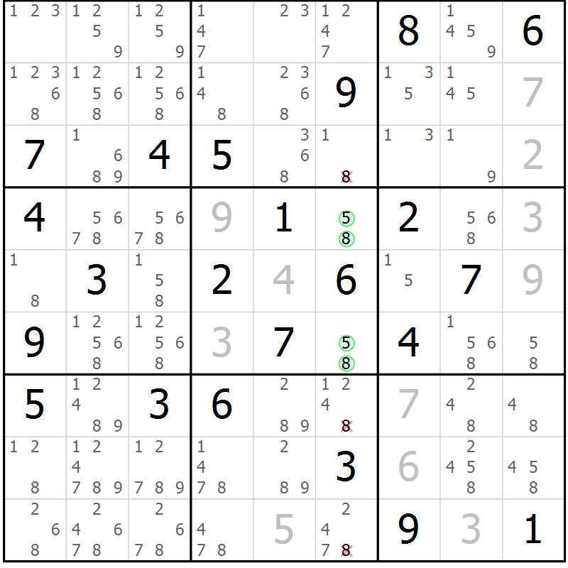 Position des candidats pour la solution de la Gr 6 page 9 du magazine de sudoku Virtuose n° 105
