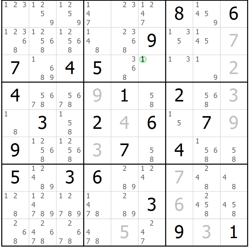 Position des candidats pour la solution de la Gr 6 page 9 du magazine de sudoku Virtuose n° 105