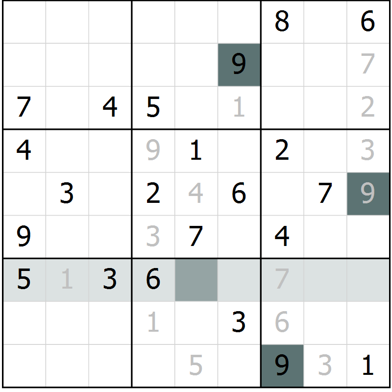 Position des candidats pour la solution de la Gr 6 page 9 du magazine de sudoku Virtuose n° 105