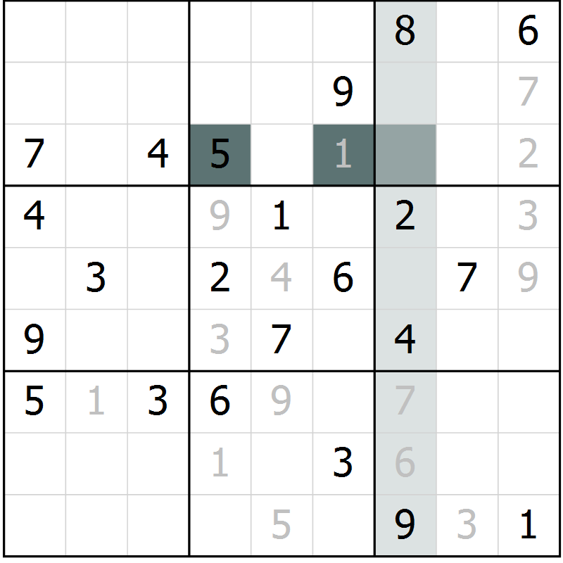 Position des candidats pour la solution de la Gr 6 page 9 du magazine de sudoku Virtuose n° 105