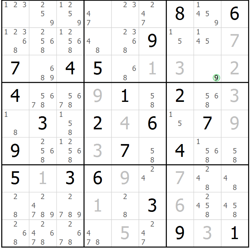 Position des candidats pour la solution de la Gr 6 page 9 du magazine de sudoku Virtuose n° 105