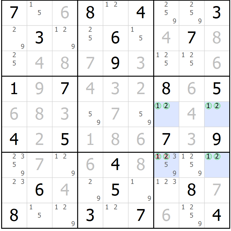 Position des candidats pour la solution de la Gr 60 page 63 du magazine de sudoku Virtuose n° 105