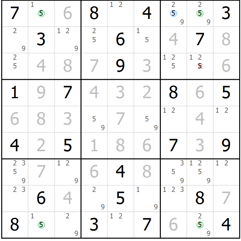 Position des candidats pour la solution de la Gr 60 page 63 du magazine de sudoku Virtuose n° 105