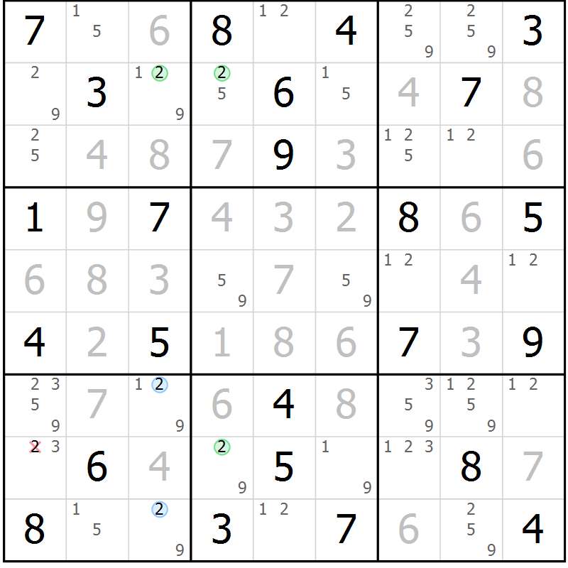 Position des candidats pour la solution de la Gr 60 page 63 du magazine de sudoku Virtuose n° 105