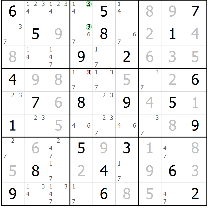 Position des candidats pour la solution de la Gr 61 page 64 du magazine de sudoku Virtuose n° 105