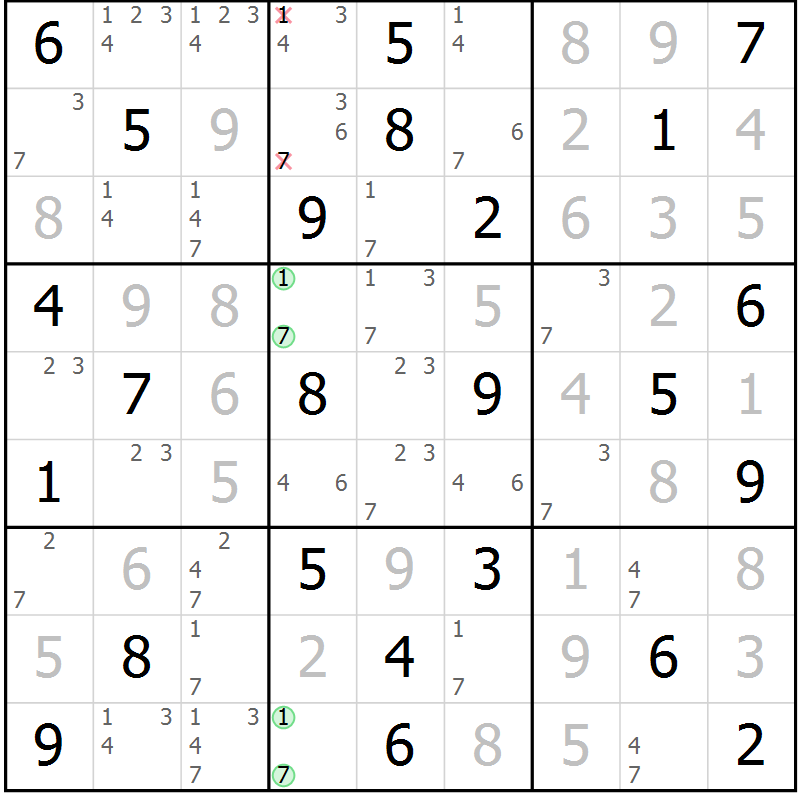Position des candidats pour la solution de la Gr 61 page 64 du magazine de sudoku Virtuose n° 105