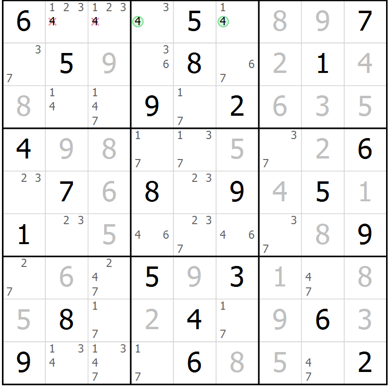 Position des candidats pour la solution de la Gr 61 page 64 du magazine de sudoku Virtuose n° 105