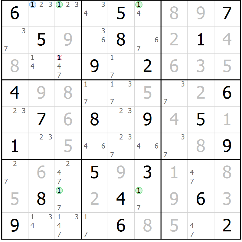 Position des candidats pour la solution de la Gr 61 page 64 du magazine de sudoku Virtuose n° 105