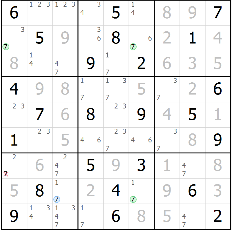 Position des candidats pour la solution de la Gr 61 page 64 du magazine de sudoku Virtuose n° 105