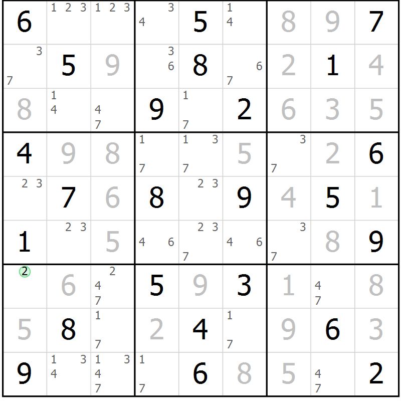 Position des candidats pour la solution de la Gr 61 page 64 du magazine de sudoku Virtuose n° 105