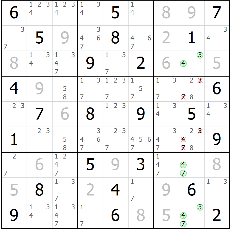 Position des candidats pour la solution de la Gr 61 page 64 du magazine de sudoku Virtuose n° 105