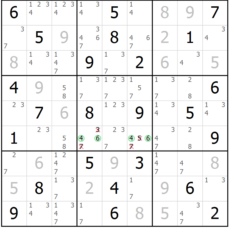 Position des candidats pour la solution de la Gr 61 page 64 du magazine de sudoku Virtuose n° 105