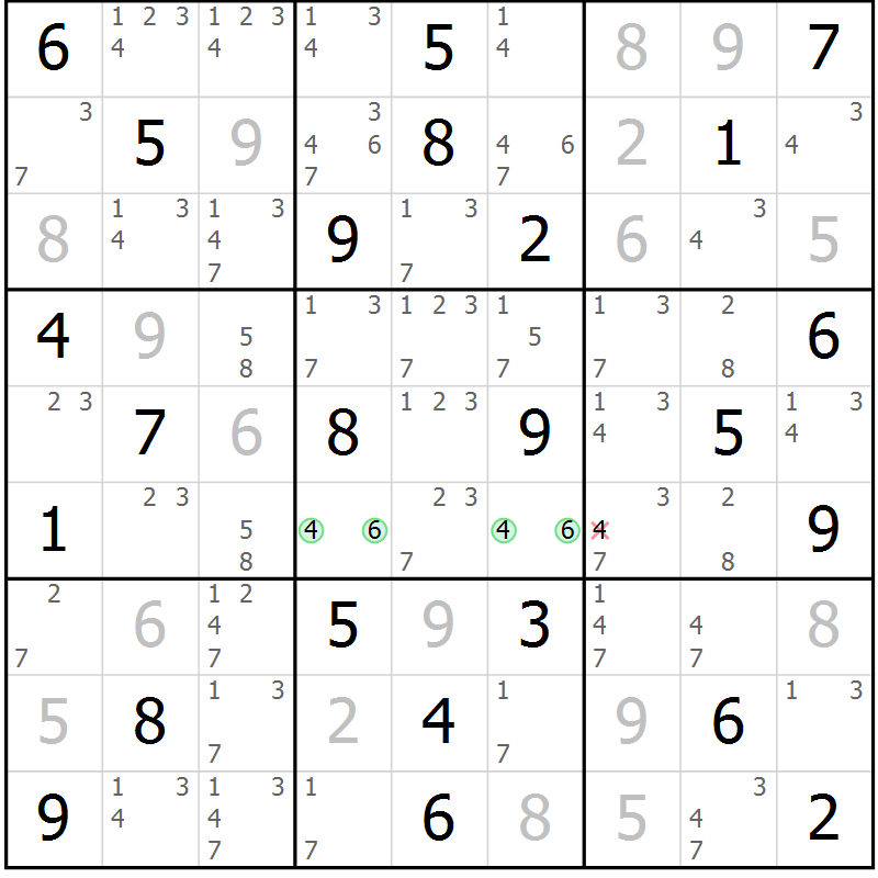 Position des candidats pour la solution de la Gr 61 page 64 du magazine de sudoku Virtuose n° 105