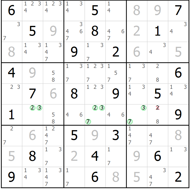 Position des candidats pour la solution de la Gr 61 page 64 du magazine de sudoku Virtuose n° 105