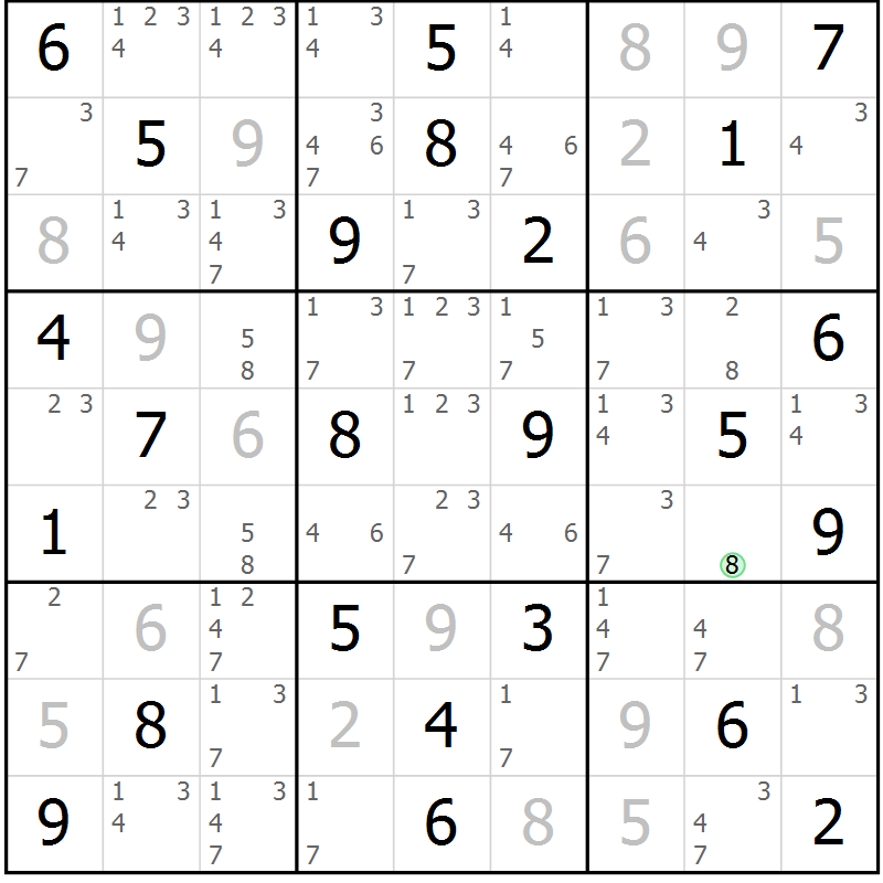 Position des candidats pour la solution de la Gr 61 page 64 du magazine de sudoku Virtuose n° 105