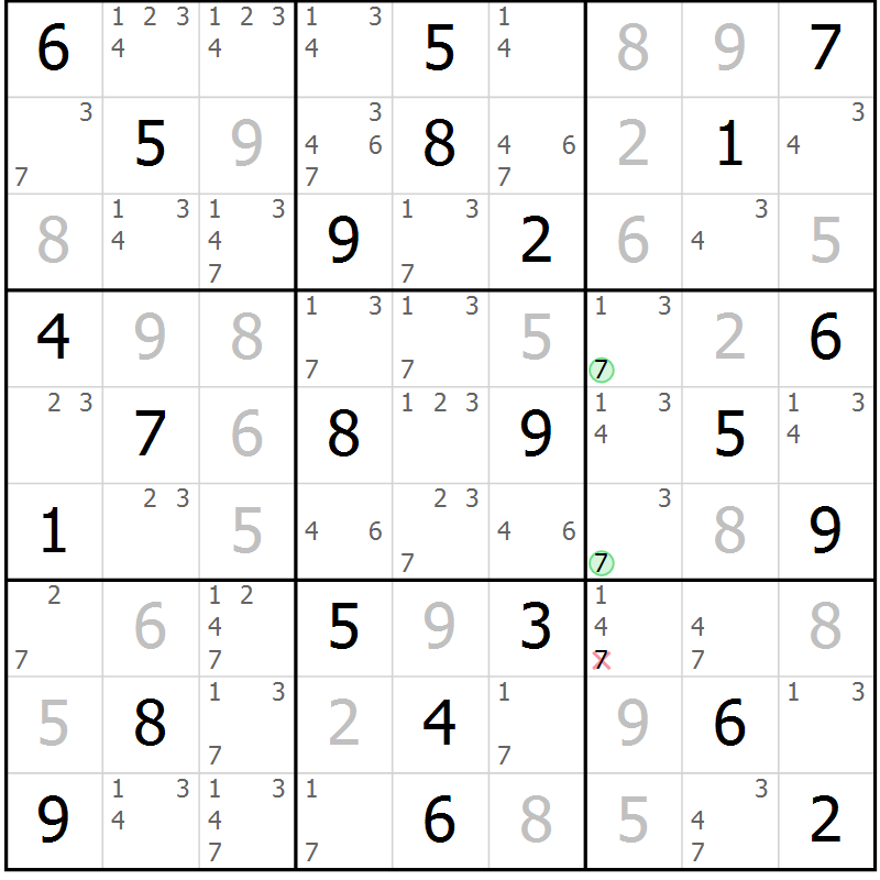 Position des candidats pour la solution de la Gr 61 page 64 du magazine de sudoku Virtuose n° 105