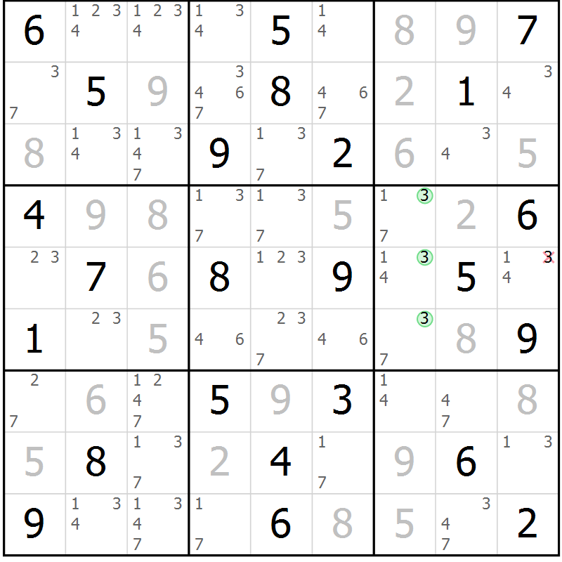 Position des candidats pour la solution de la Gr 61 page 64 du magazine de sudoku Virtuose n° 105