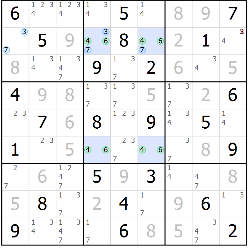 Position des candidats pour la solution de la Gr 61 page 64 du magazine de sudoku Virtuose n° 105