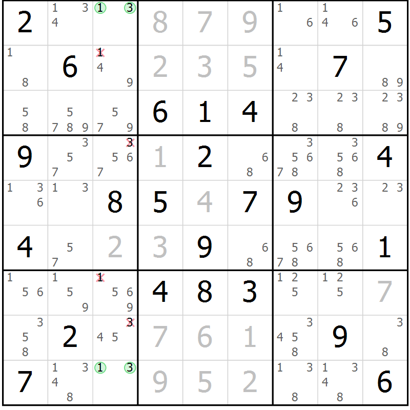 Position des candidats pour la solution de la Gr 62 page 65 du magazine de sudoku Virtuose n° 105