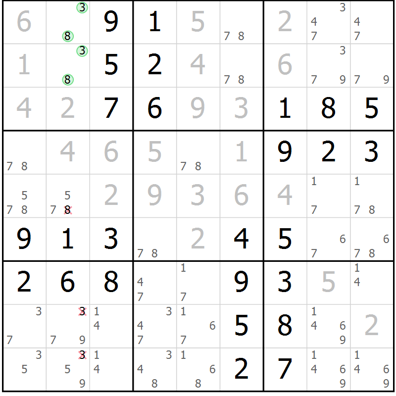 Position des candidats pour la solution de la Gr 64 page 67 du magazine de sudoku Virtuose n° 105