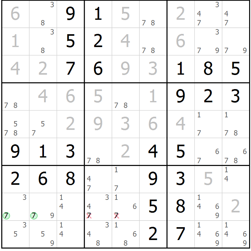 Position des candidats pour la solution de la Gr 64 page 67 du magazine de sudoku Virtuose n° 105