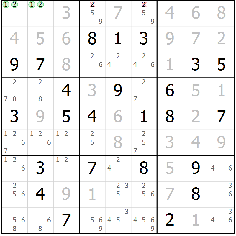 Position des candidats pour la solution de la Gr 67 page 70 du magazine de sudoku Virtuose n° 105