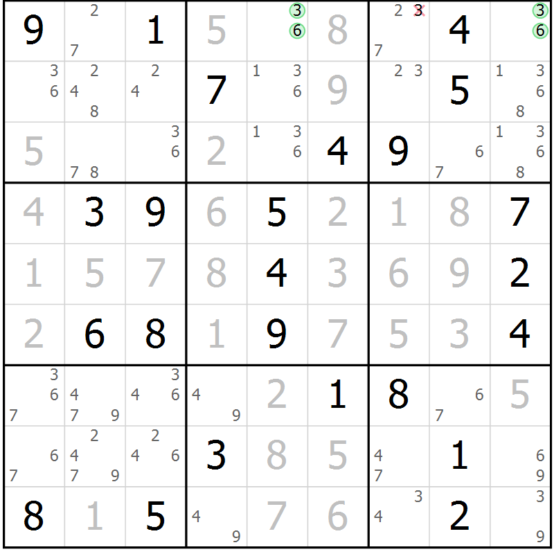 Position des candidats pour la solution de la Gr 69 page 72 du magazine de sudoku Virtuose n° 105