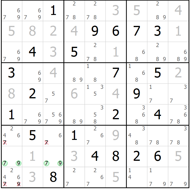 Position des candidats pour la solution de la Gr 7 page 10 du magazine de sudoku Virtuose n° 105