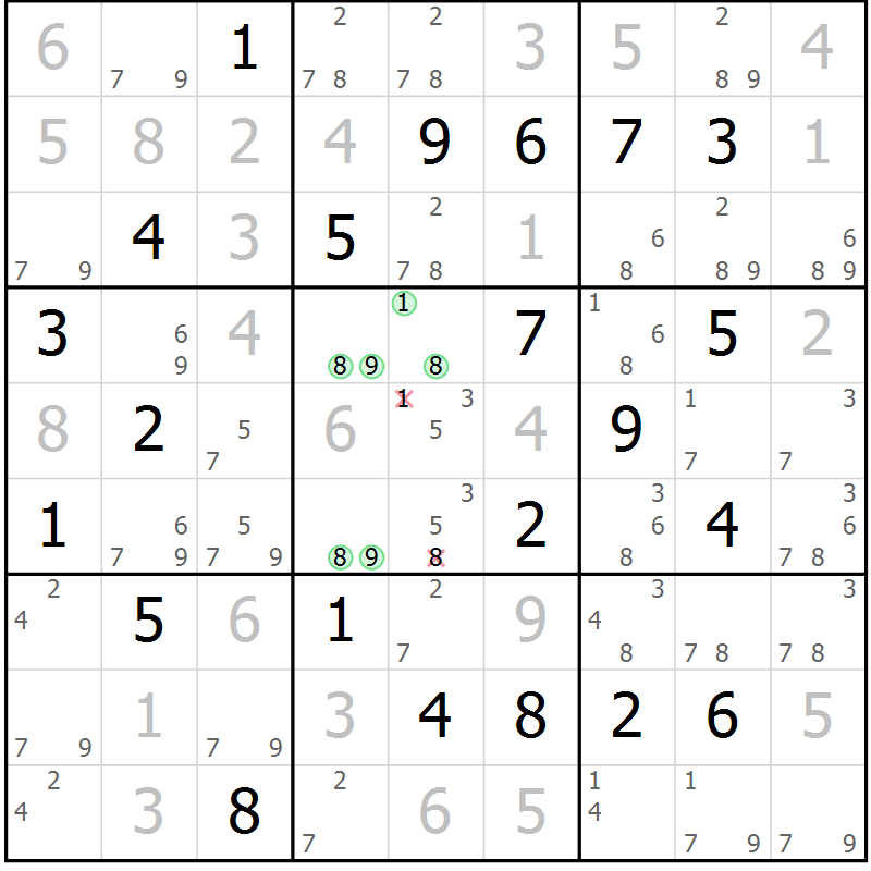 Position des candidats pour la solution de la Gr 7 page 10 du magazine de sudoku Virtuose n° 105