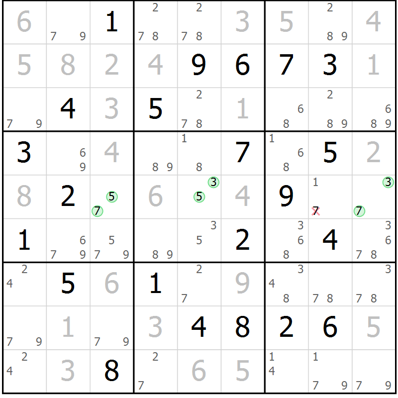 Position des candidats pour la solution de la Gr 7 page 10 du magazine de sudoku Virtuose n° 105