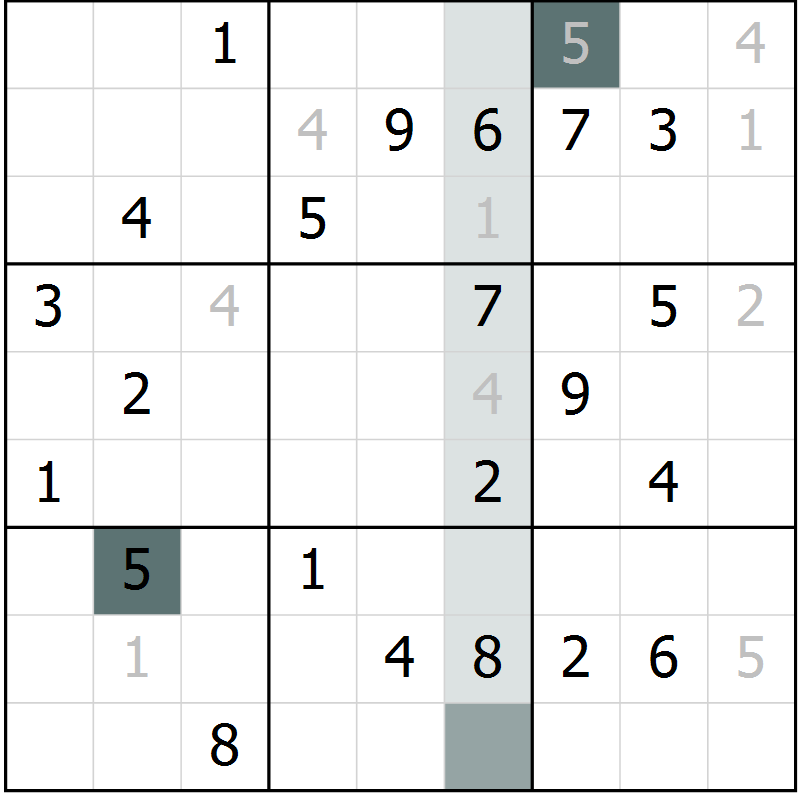 Position des candidats pour la solution de la Gr 7 page 10 du magazine de sudoku Virtuose n° 105