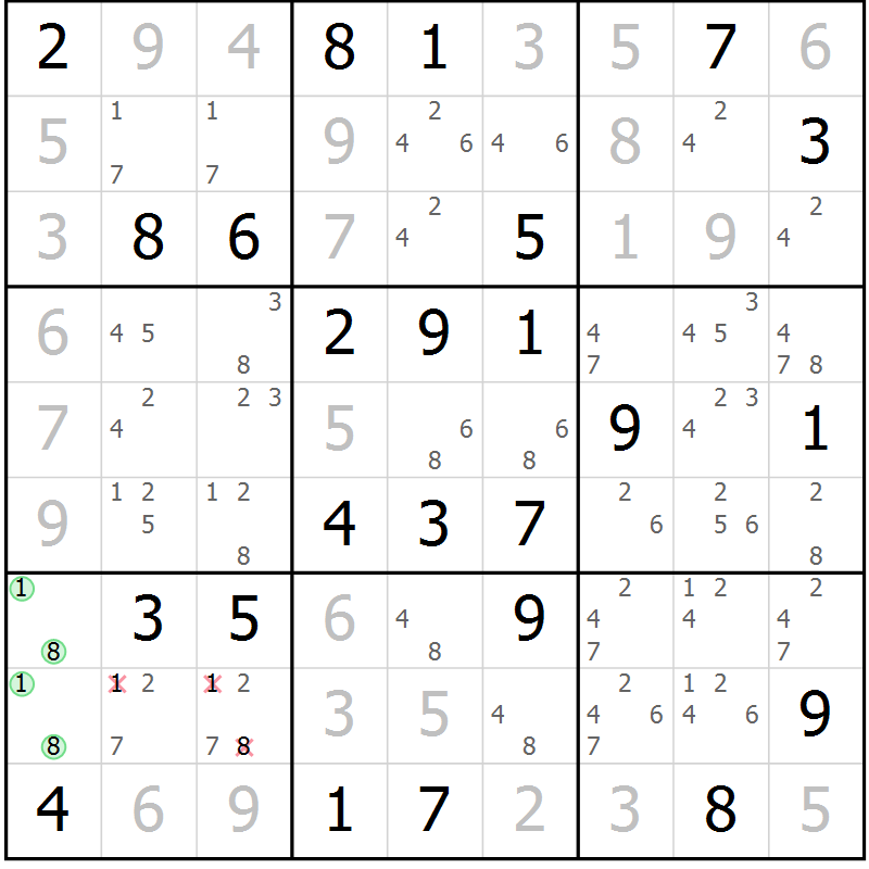 Position des candidats pour la solution de la Gr 70 page 73 du magazine de sudoku Virtuose n° 105