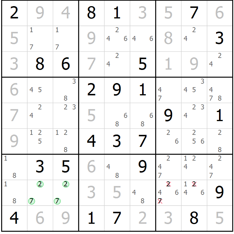 Position des candidats pour la solution de la Gr 70 page 73 du magazine de sudoku Virtuose n° 105