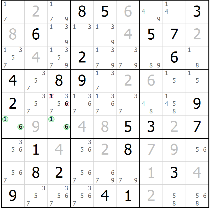 Position des candidats pour la solution de la Gr 71 page 74 du magazine de sudoku Virtuose n° 105