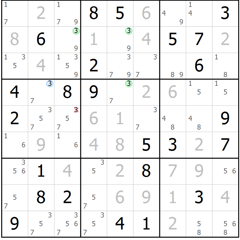 Position des candidats pour la solution de la Gr 71 page 74 du magazine de sudoku Virtuose n° 105