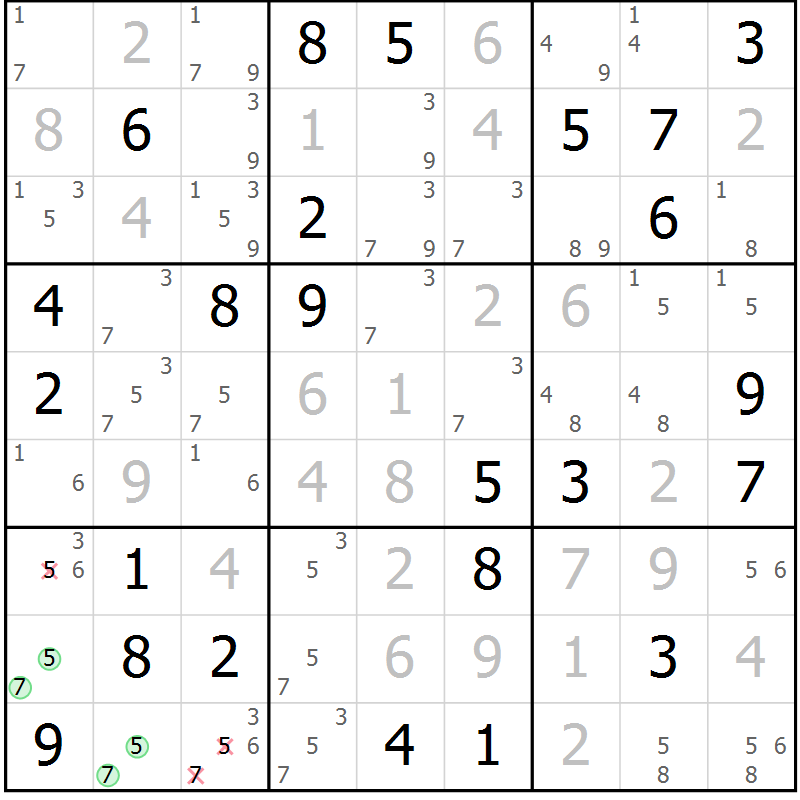 Position des candidats pour la solution de la Gr 71 page 74 du magazine de sudoku Virtuose n° 105