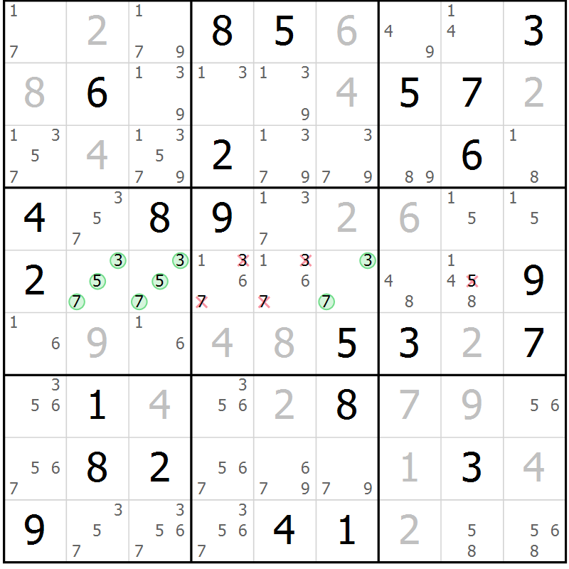 Position des candidats pour la solution de la Gr 71 page 74 du magazine de sudoku Virtuose n° 105