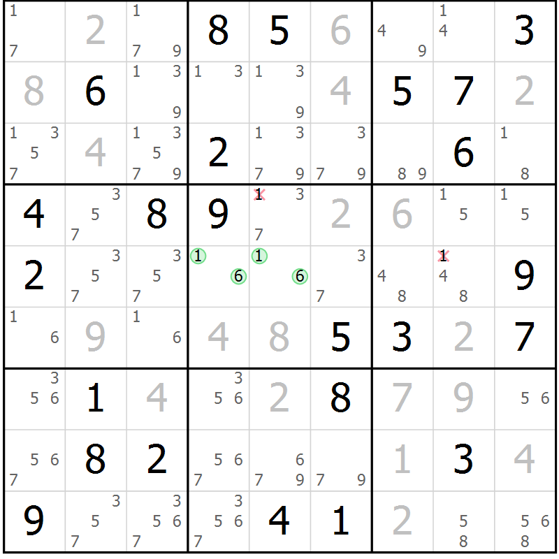 Position des candidats pour la solution de la Gr 71 page 74 du magazine de sudoku Virtuose n° 105